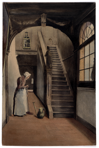 33094 Interieur van een onbekend huis te Utrecht: hal met trapopgang en werkvrouw.N.B. Op de achterzijde van de ...